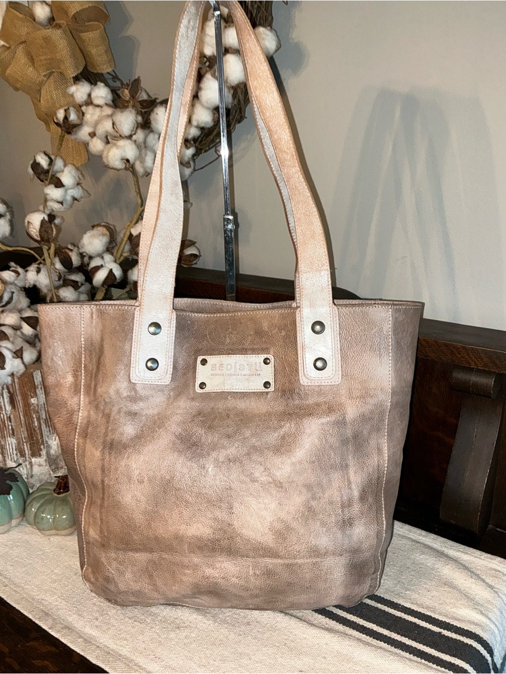 Bed Stu Leather Gaviota Shoulder Bag Tote Light Grey Rustic Nectar Lux MSRP $285